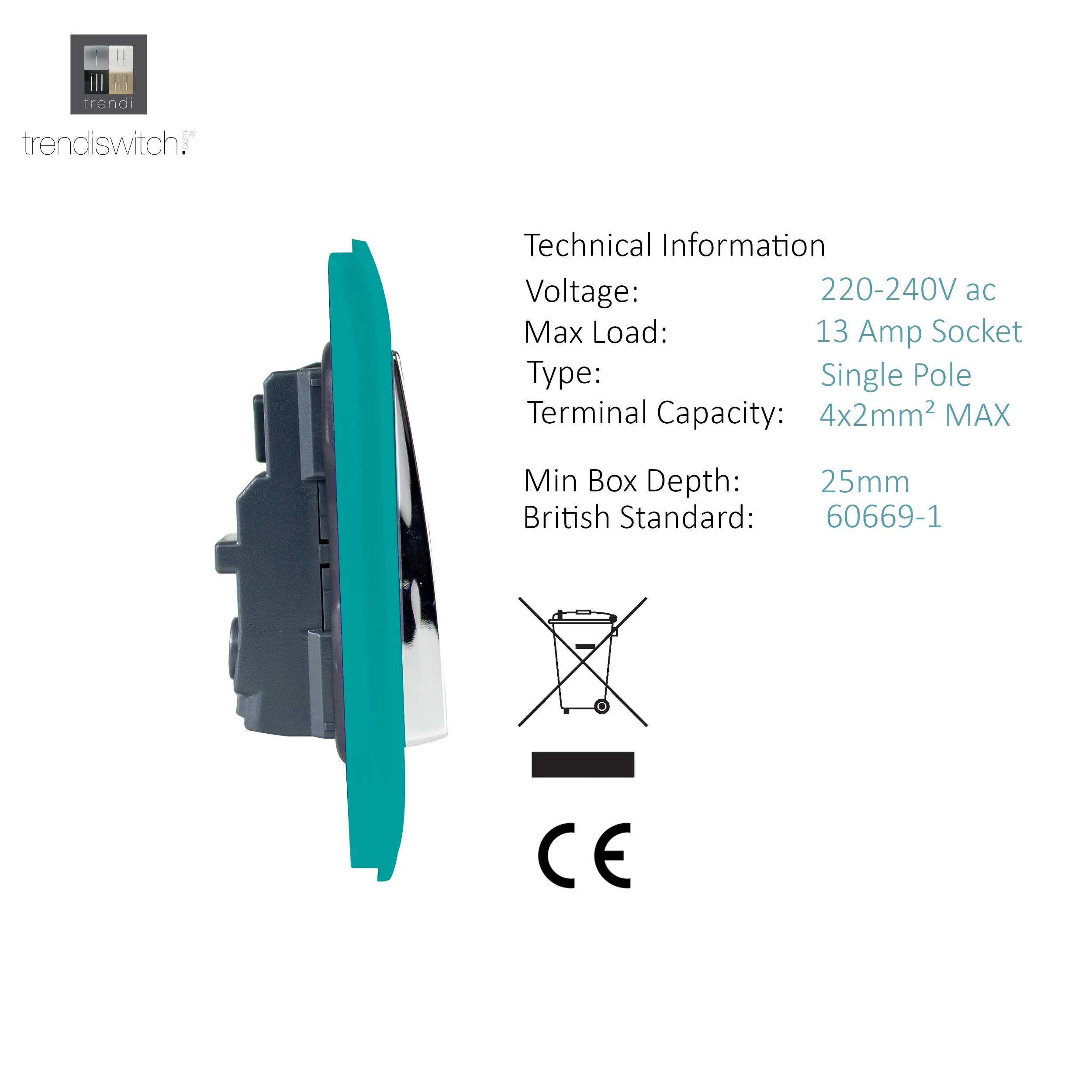 2 Gang 13Amp Long Switched Double Socket Bright Teal ART-SKT213LBT  Trendi Bright Teal